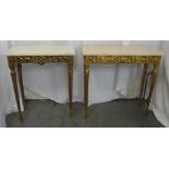 Two rectangular gilt wood and marble top hall tables