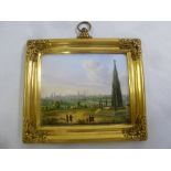 KPM Berlin rectangular hand painted porcelain plaque of figures in a landscape with an urban
