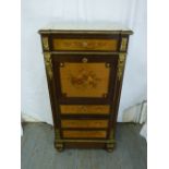 A French rectangular marquetry bureau decorated with inlays and ormolu mounts with marble top on