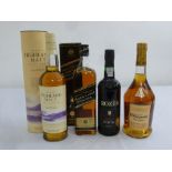 A quantity of alcohol to include Highland single malt, Johnnie Walker Black label, Rozes tawny port,