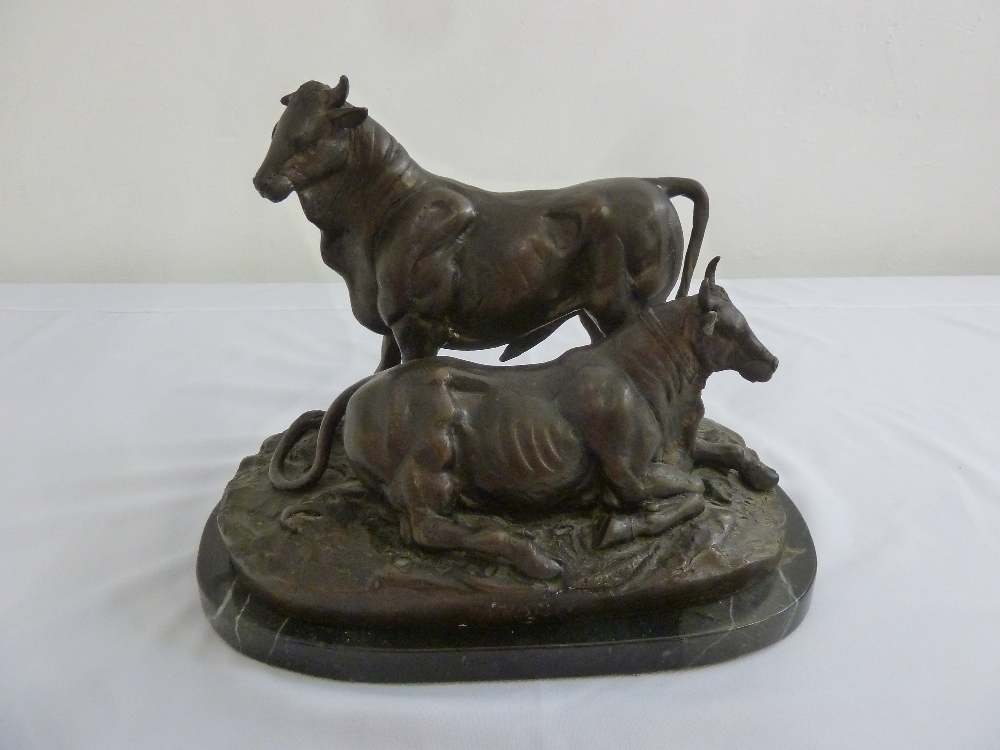 Christophe Fratin 1801-1864 signed bronze of a cow and bull on raised naturalistic base