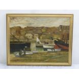 John Freeman framed oil on board of a harbour scene, 34 x 44.5cm