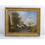 Italian framed oil on canvas of figures on horseback by a river, 35.5 x 45.5cm