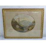 Thomas Baker of Leamington 1809-1869 framed and glazed watercolour of a mountain and river, 35.5 x