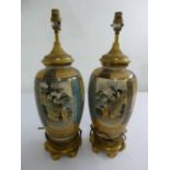 A pair of Japanese Satsuma vases circa 1930 converted to table lamps, mounted on hexagonal brass