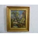 A framed oil on canvas of a continental village scene, 21 x 18.5cm