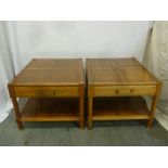 A pair of Heritage rectangular bleached wood side tables with single drawers and brass handles