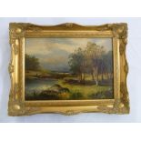 Louis Hender framed oil on panel of figures fishing by a mountain stream, signed bottom right, 25.