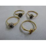 Four 9ct yellow gold rings set with various stones, approx total weight 4.9g