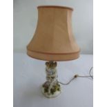 A Continental porcelain figural group of a mother and child table lamp, to include silk shade