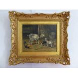 Edgar Hunt 1987-1953 framed oil on canvas of a goat, lambs and a chicken, signed and dated bottom