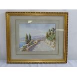 A framed and glazed watercolour of an Italian mountain and seaside scene, signed bottom right, 22