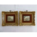 A pair of framed continental hand painted miniatures of figures in a landscape, 6 x 8cm