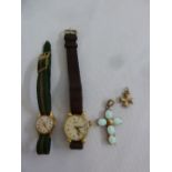 Two ladies gold wristwatches, a pendant and a 9ct opal cross