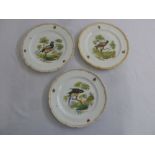 Three Meissen style plates decorated with birds to the centre, marks to the base
