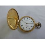 Waltham 14ct gold full hunter pocket watch, enamel dial, Roman numerals and subsidiary seconds dial,