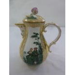 Meissen 19th century chocolate pot and cover, the side panel with an image of a courting couple