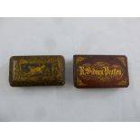 Two early 19th century papier mache rectangular snuff boxes a. gilded image of a dog b. gilded