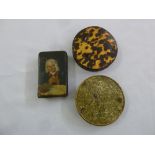 A late 18th century rectangular papier mache snuff box with a painted image of a gentleman at a