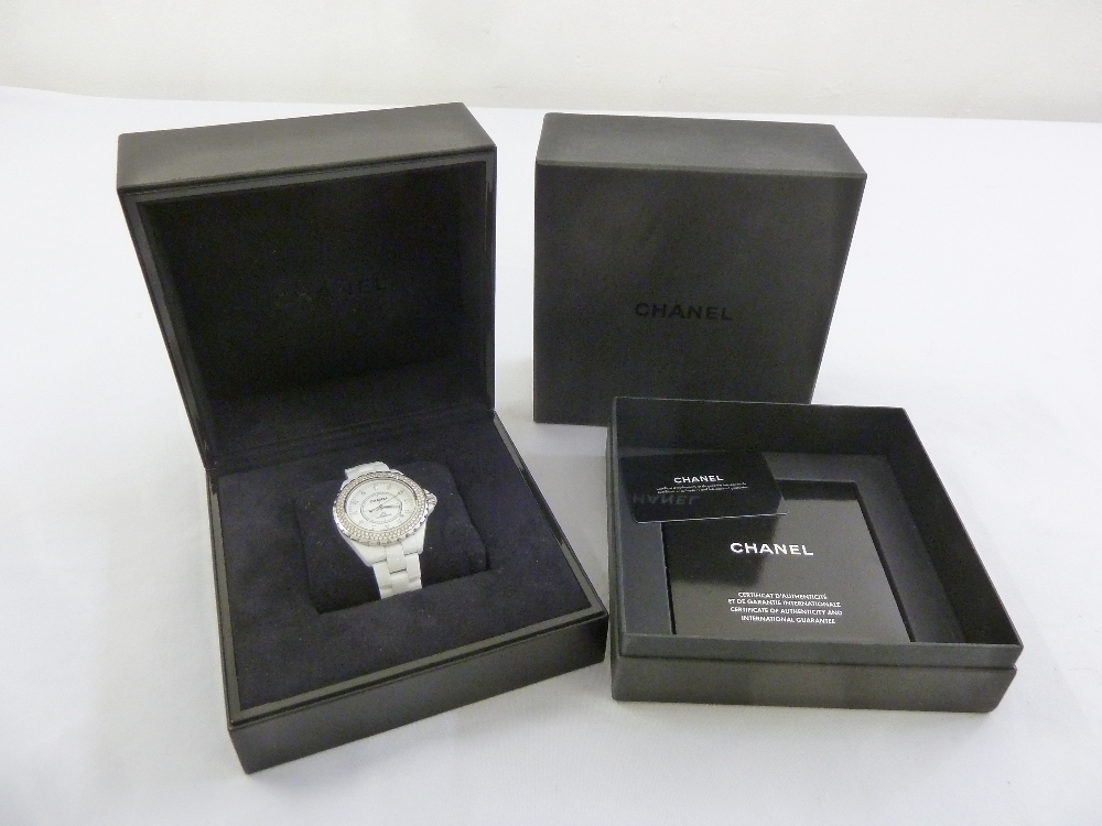 Chanel H0969 J12 white ceramic ladies wristwatch with double diamond bezel, in original packaging