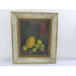 F Briones framed oil on panel still life of fruits, signed bottom right, 56 x 46.5cm