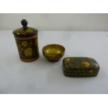 A Russian papier mache covered jar and matching bowl and a Kashmiri covered box