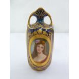 BPM Continental porcelain blue and gilt vase the side decorated with an image of a lady, marks to