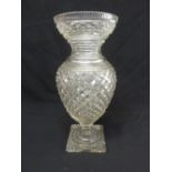 A Victorian cut glass baluster vase on square base