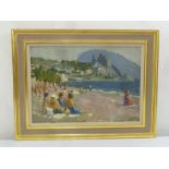 Russian framed oil on board, label to verso artist Gordan CM, titled Beach at Gursuf 1957, signed