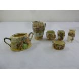 Doulton Dickens character jug, three vases, a dish and a two handled sugar bowl