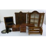 A quantity of wooden collectables to include display cabinets, a stool, a letter rack and a