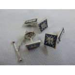 A set of 18ct white gold, diamond and sapphire cufflinks and matching tie pin, approx total weight