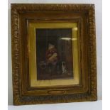 A 19th century framed and glazed North European oil on canvas of a grandfather feeding a baby