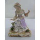 Meissen figurine of a lady picking flowers, marks to the base, 17.5cm (h) A/F