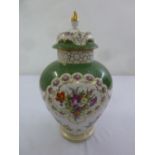 Dresden vase with pull off cover hand painted with flowers, leaves and scrolls, marks to the base,