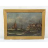 A framed oil on canvas of boats and figures in a harbour, 38 x 55cm