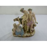 Meissen mythological figural group of a man riding a donkey with two ladies and a putti, marks to