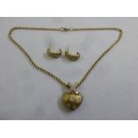 9ct yellow gold heart shaped pendant set with diamonds on a 9ct gold chain and matching hoop