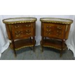 A pair of French style kidney shaped side tables with marble tops, gilt metal gallery and drawers