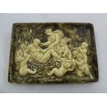 An antique prattware plaque of a Bacchanalian scene, 19.5 cm (h)