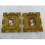 A pair of framed painted porcelain miniatures of ladies in 18th century attire