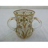 French 19th century three handled glass vase with gilded floral overlaid decorations
