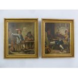 A pair of framed oil on copper paintings of gentlemen in a public house, indistinctly signed, 19 x