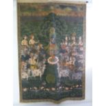 An Indian hand painted wall hanging of Deities and sacred cows in a rural setting, 177x 125cm