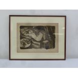 A framed and glazed engraving of a recumbent nude, indistinctly signed bottom left, 27.5 x 39.5cm