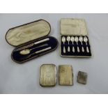 A quantity of silver to include a cased set of teaspoons, two cigarette cases, a vesta case and a