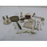 A quantity of silver and white metal to include a cigarette case, pill boxes, tongs (22)