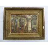 A framed oil on board of a church interior scene indistinctly signed and notated to verso, 17 x 23.