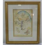A framed and glazed Chagall style polychromatic print of figures in a surreal landscape, 33 x 23cm