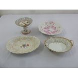 Three Meissen dishes and a cake stand, marks to the base
